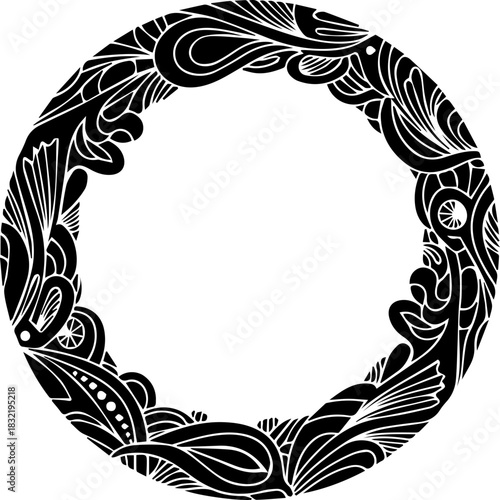 Ornate floral circle frame, ideal for invitations, logos, or decorative design elements, black and white elegant botanical motif, originally a vector graphic