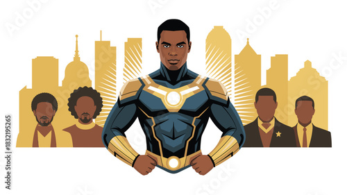 African American Superhero Standing Guard Over City with Supporters and Advocates, Protecting Urban Communities with Power and Justice for the Underrepresented