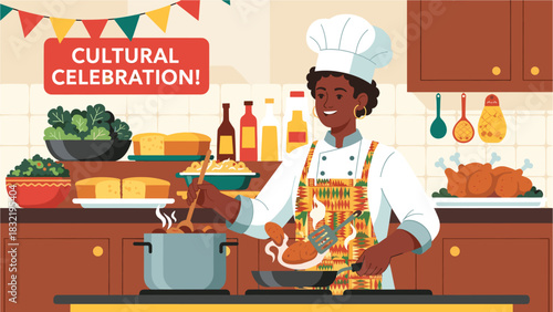 African American Chef Preparing Traditional Food for Cultural Celebration in Kitchen, Delicious Meal Cooking, Festival, Gathering, and Cuisine