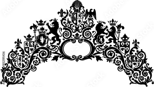 Elegant heraldic crest design, perfect for luxurious branding, sophisticated invitations, and timeless design projects, originally a scalable vector graphic