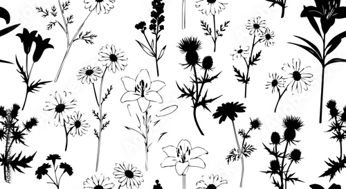 Elegant floral pattern design with delicate hand-drawn flowers for textile print, wallpaper, or feminine branding. Modern, romantic, and upscale design element.