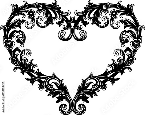 Elegant heart shaped floral frame with vintage scrollwork for stunning wedding invitations, romantic designs, or timeless Valentine's Day graphics