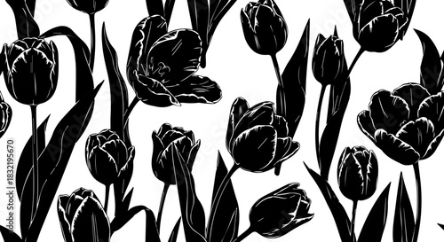 Striking tulip floral pattern for elegant designs and spring projects, timeless botanical illustration for textiles, stationery, and more, originally a vector
