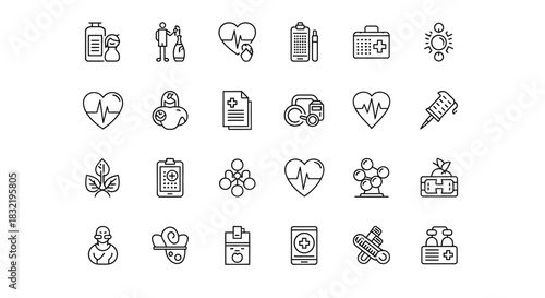 Set of vector line icons of medicine and healthcare drug, doctor, heart, clipboard, first aid kit, molecule, syringe