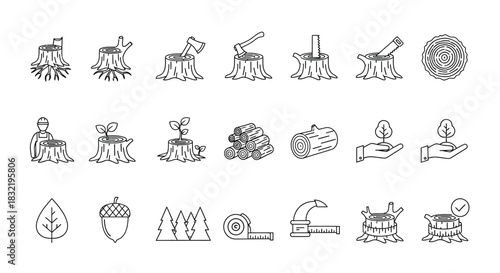 Set of vector line icons of logging and sawmill stump, tree, wood, axe, log, seedling, leaf, acorn, forest, tape measure