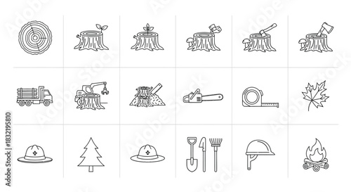 Set of vector line icons of logging and sawmill stump, tree, wood, axe, log, seedling, leaf, truck, crane, chainsaw