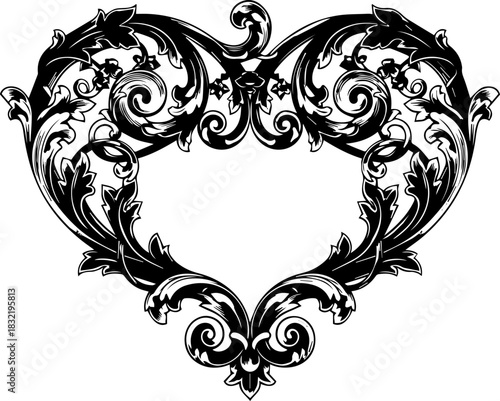 Elegant heart shaped filigree design with intricate swirls, perfect for wedding invitations, Valentine's Day cards, and romantic designs, originally vector
