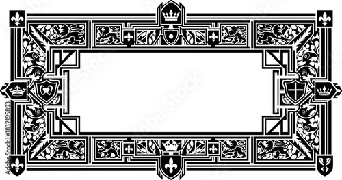 Ornate vintage frame with heraldic elements, perfect for certificates, invitations, or royal announcements, a regal touch, originally a vector graphic