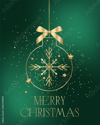 Illustration of a golden New Year's ball with stars on a dark green background.