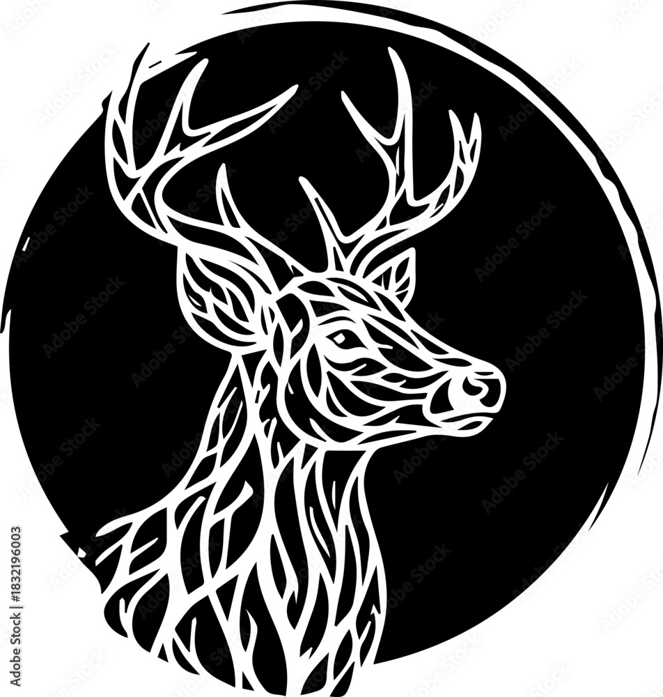 Fototapeta premium Elegant deer head with majestic antlers in striking black and white, suitable for logo, emblem, or nature-themed design. Vector art with a clean style
