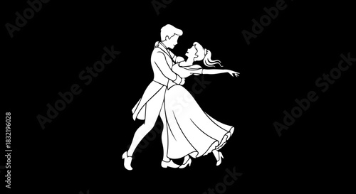 Elegant ballroom dance between a prince and princess, timeless romance and love, perfect for wedding invitations or fairytale designs, classic vector style