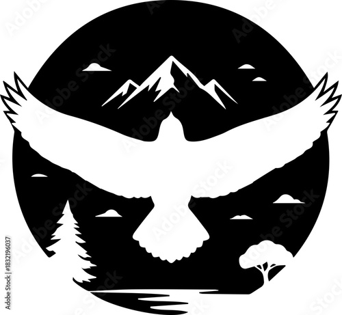 Majestic eagle soars above mountain peaks, symbol of freedom and adventure, perfect for outdoor brands and nature enthusiasts, bold and inspiring design