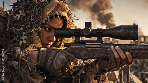 Focused warrior aiming precision rifle in combat environment with smoke and ruins