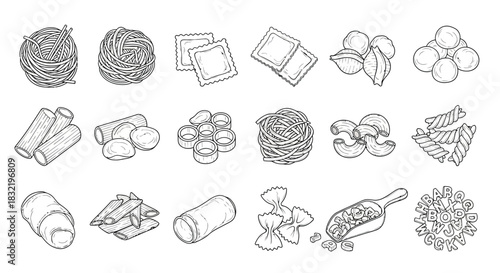Line art collection of pasta icons isolated on tagliatelle, ravioli, maccheroni, gnocchi, farfalle, fusilli, penne, conchiglie illustrations