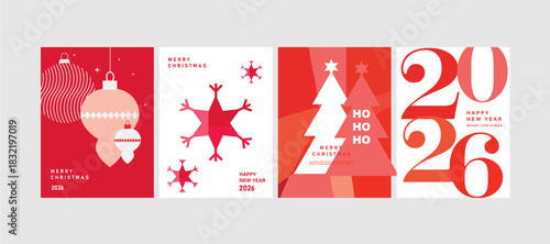Modern Merry Christmas Colorful Holiday Greeting Card with xmas design element , snow flake, dear, tree, gift box, 