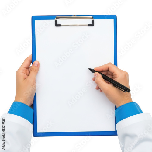 Doctor s hands writing on clipboard isolated on transparent background