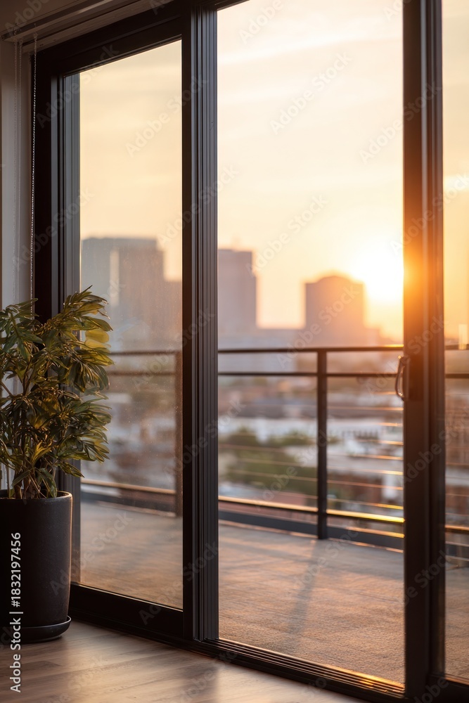Fototapeta premium Balcony view at sunset with plant and cityscape.