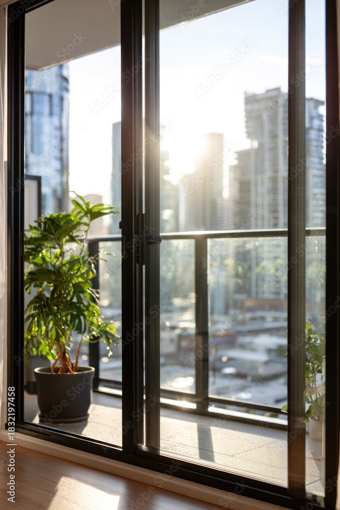 Naklejka premium Balcony View with Plant and Cityscape in the Background.