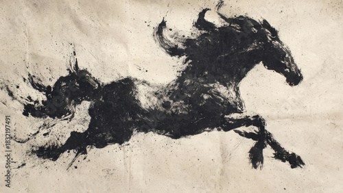 Dynamic black ink painting captures a galloping horse with energetic brushstrokes and splatters, evoking power and freedom in an abstract style.