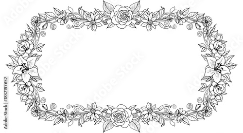 Elegant floral frame with roses and lilies creates a stunning border for invitations