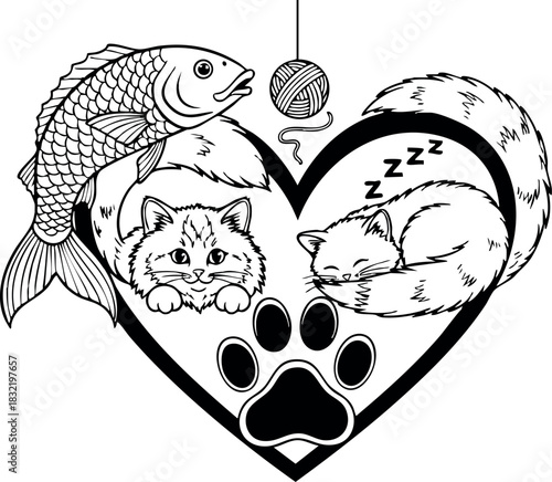 Line art heart frame with fluffy cats sleeping and awake, koi fish, yarn ball and bold paw print forming playful pet lover emblem