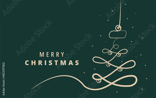 Minimalist continuous line art illustration of a stylized christmas tree design with falling snow effect and elegant merry christmas text on a deep green background, perfect for holiday greetings