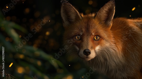 Red fox emerging from a dark forest clearing, startled by booming fireworks overhead