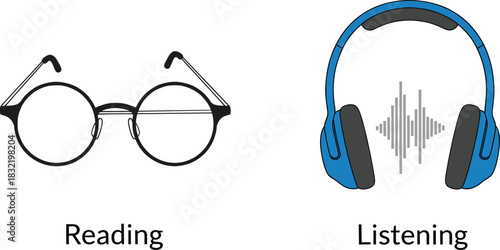 Minimalist icons representing two forms of media consumption: round glasses for reading, and a headset with a waveform for listening to audio, music, or podcasts, in flat vector design.