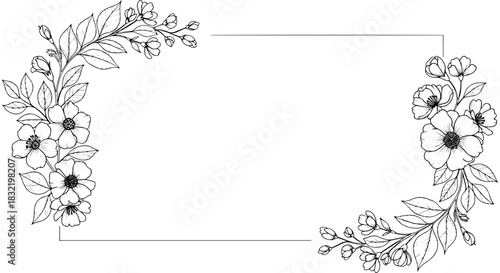 Elegant floral frame with sketched flowers and leaves for wedding invitations cards