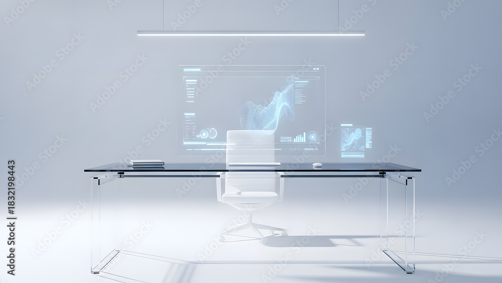 Fototapeta premium Minimalist office setup with transparent screen glass desk and white chair modern future technology workspace