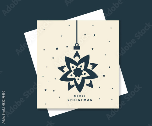 Minimalist dark blue geometric starshaped christmas ornament graphic design element featuring small star accents and the text merry christmas centered below the hanging decoration on a light beige car