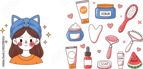 Cute cartoon girl with a cat ear headband and a collection of flat design skincare, beauty, and cosmetic items, including moisturizer, scrub, soap, face mask, roller, and brush.