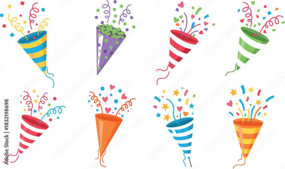 Obraz premium Collection of eight colorful vector party poppers and confetti cannons exploding with stars, hearts, and streamers, perfect for representing celebration, holidays, New Year, birthdays, and fun events