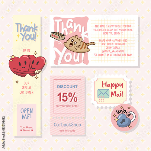 hand drawn pink theme of thank you card for packaging insert design set