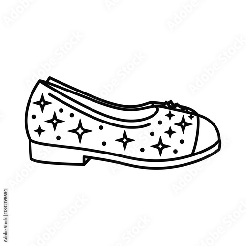 Hand drawn outline of a ballet flat shoe decorated with stars and a bow