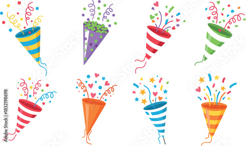 Collection of eight colorful vector party poppers and confetti cannons exploding with stars, hearts, and streamers, perfect for representing celebration, holidays, New Year, birthdays, and fun events