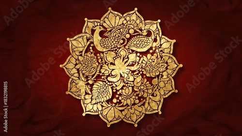 Intricate golden floral mandala peacock design for decorative background