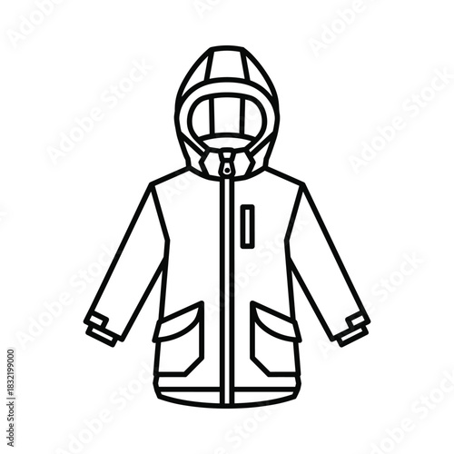 Simple outline drawing of a hooded winter parka jacket with pockets and zipper