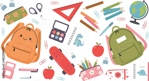 Colorful and cute back-to-school supplies collection featuring backpacks, notebooks, pencils, globe, scissors, and a skateboard for education, learning, and student themes.