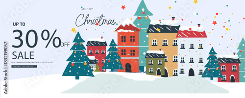 christmas greeting card with castle and sale offer banner