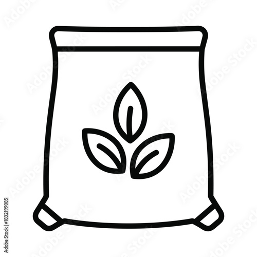 Simple line art icon of a bag of fertilizer with three leaves on it