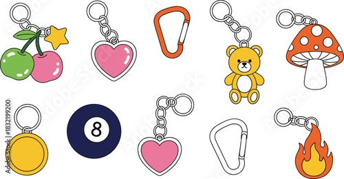 Fun and colorful cartoon keychain vector set featuring hearts, cherries, teddy bear, mushroom, 8-ball, flame, and carabiner clip designs for accessories, personal belongings, and gift concepts.