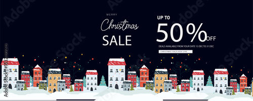 merry christmas sale offer banner with winter night christmas cozy town 