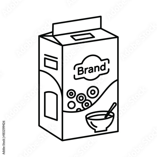 Black and white illustration of a cereal box with a bowl of cereal and spoon
