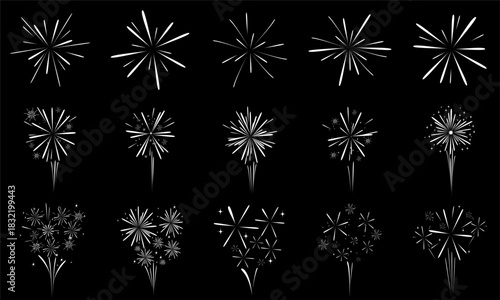 Set of imaginary images of fireworks exploding for parties, traditions or New Year celebrations, vector