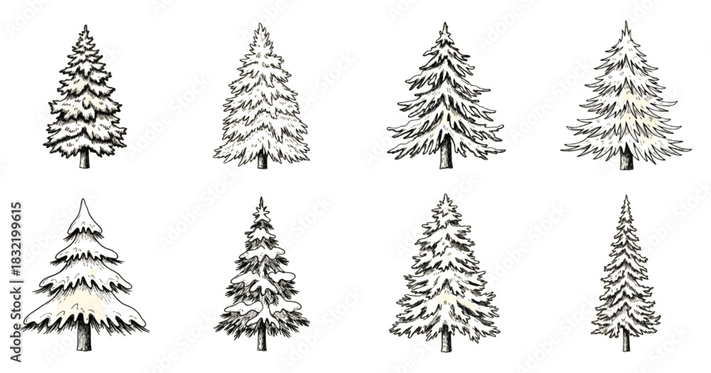 Obraz premium Set of Hand-Drawn Pine Tree Illustrations, Nature Sketches, Simple Black and White Line Art