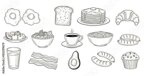 Breakfast food illustrations featuring eggs, toast, coffee, and pastries in a simple line art style