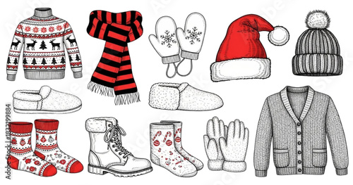 Winter Clothing Collection Featuring Sweaters, Hats, Gloves, Socks, and Scarves in Flat Lay Illustration