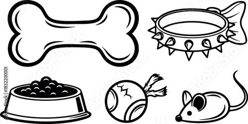 Bold line art pet supply icons with dog bone, spiked collar, food bowl, chewed ball and mouse toy arranged in simple black and white vector set