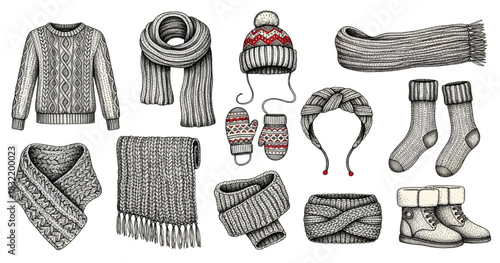 Winter Clothing Accessories Set Featuring Sweaters, Scarves, Gloves, Socks, and Hats in Isolated View